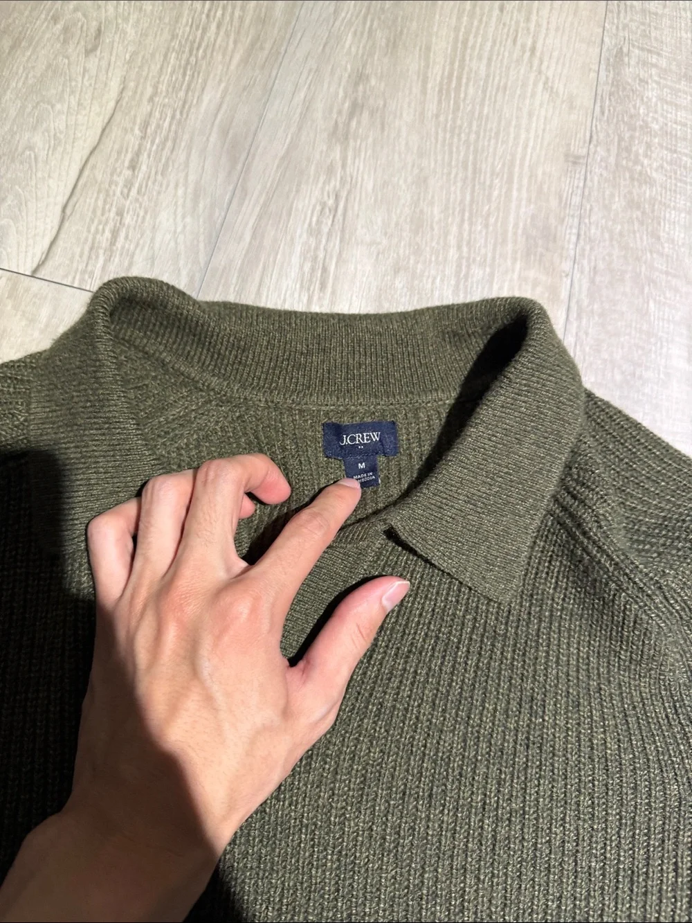 J. Crew Factory Olive Green Ribbed V-Neck Polo Sweater